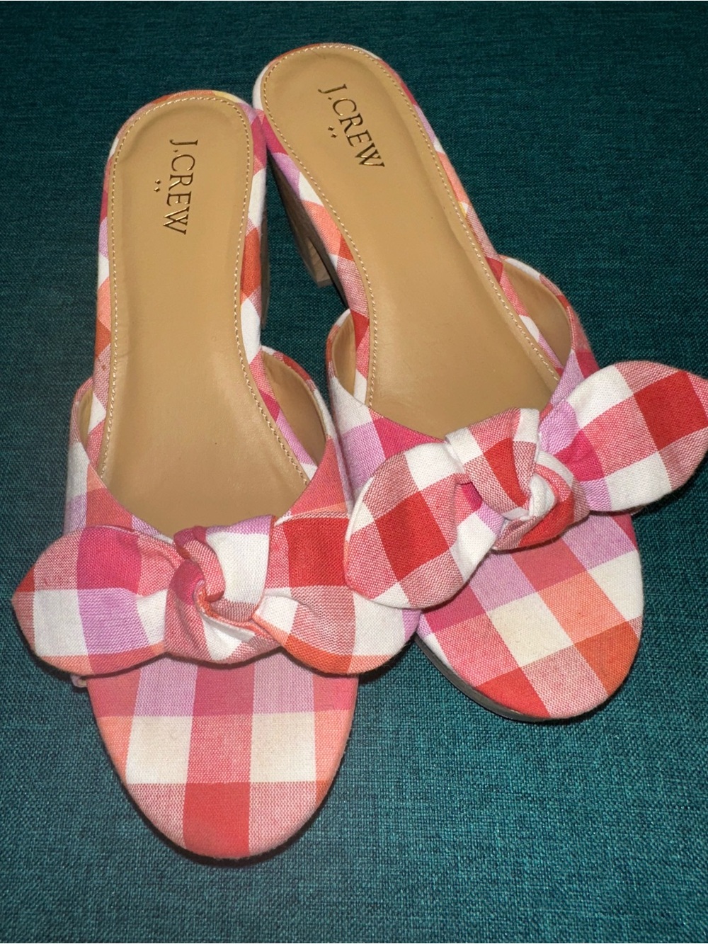 J.Crew Printed Bow Heel Mules Wood Platform Sandals Slides 8 Red Plaid MINT!